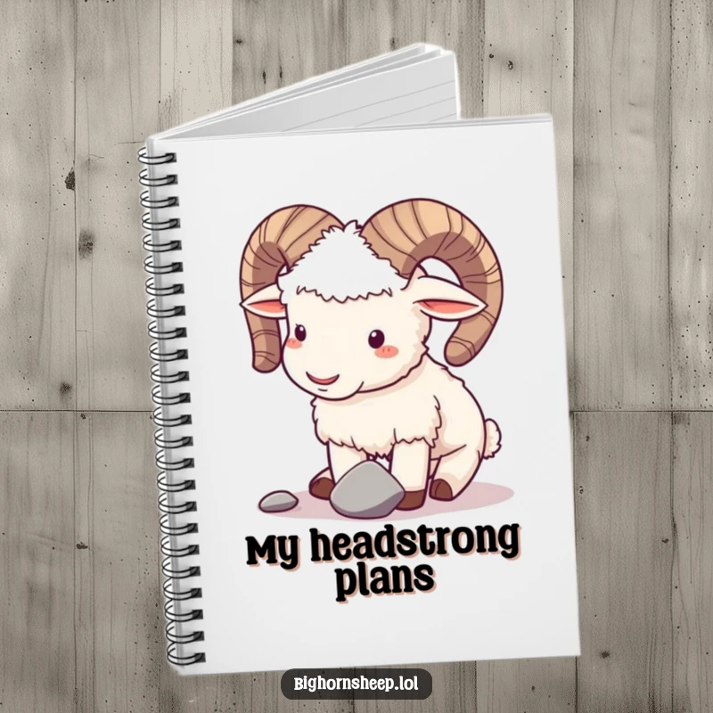 Funny notebook with a playful bighorn sheep gently butting horns with a small pebble, perfect for jotting down funny ideas.