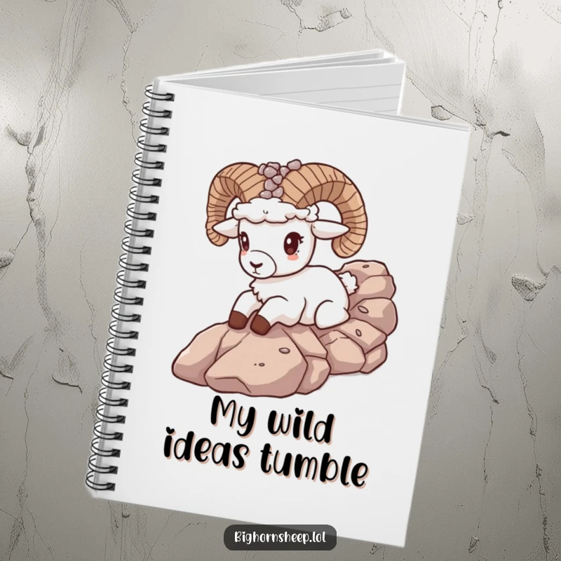 Funny bighorn sheep wearing a pebble crown slides down a rocky slope on a notebook cover, inspiring creative writing and sketching.