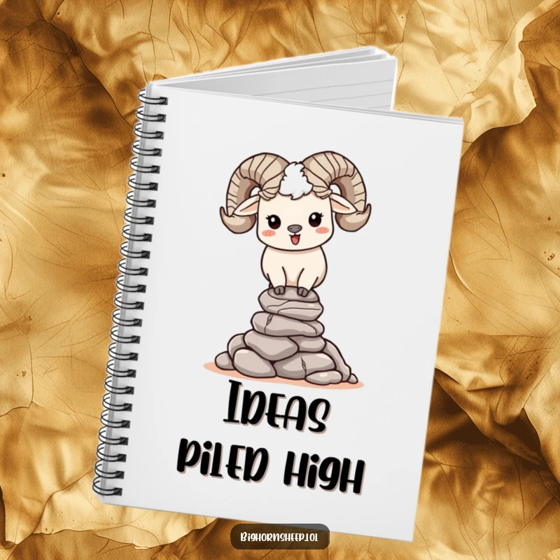 Funny, happy bighorn sheep character balancing a stack of small rocks on a notebook cover, encouraging focused note-taking.