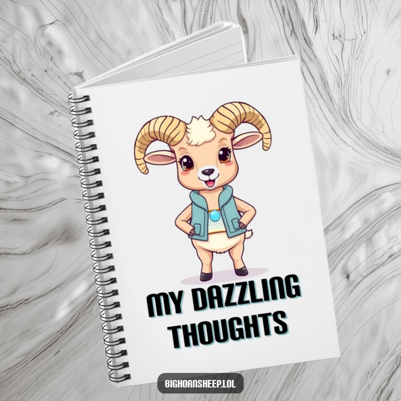 Funny bighorn sheep notebook, a delighted sheep in a sparkly vest, perfect for capturing ideas humorously.