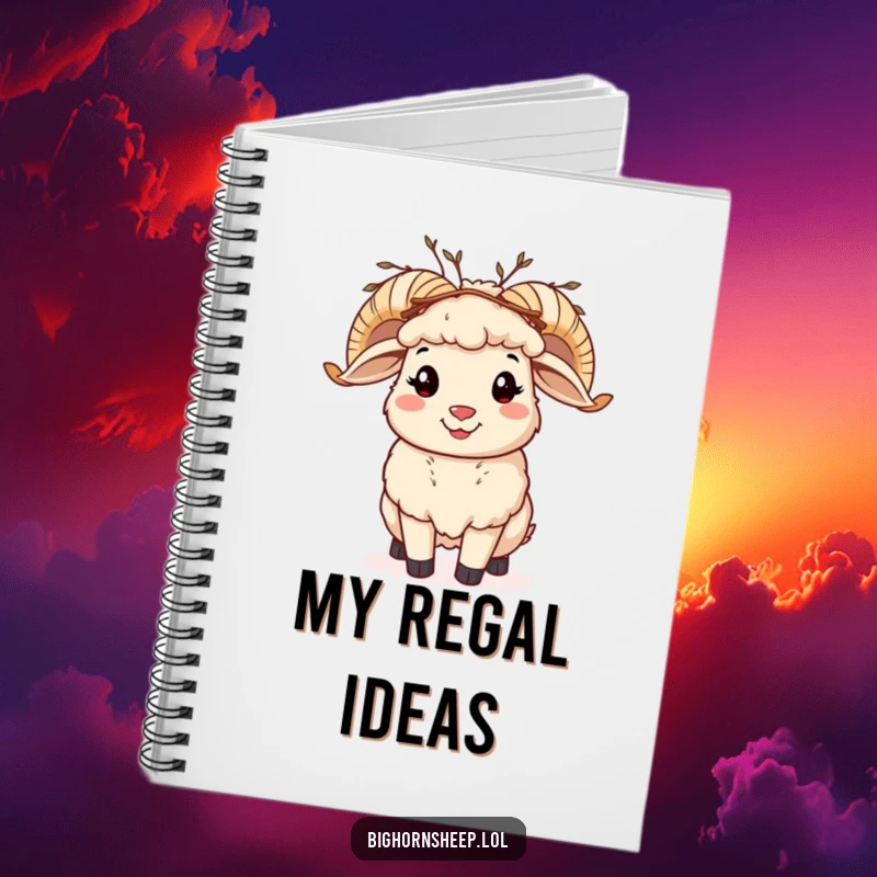 Funny bighorn sheep notebook, a cheerful sheep with a twig crown, perfect for jotting down happy thoughts.