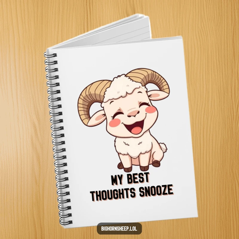 Funny notebook cover with a bighorn sheep yawning with a big, contented smile, encouraging peaceful and humorous writing.