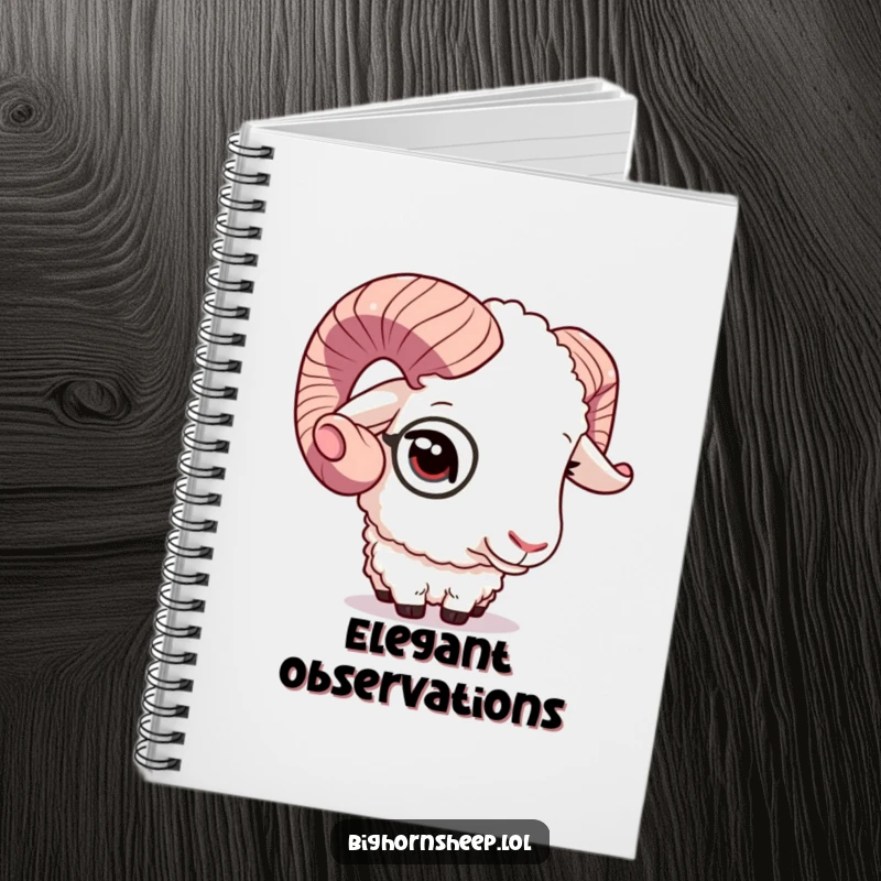 Funny bighorn sheep winking and adjusting its monocle on a notebook cover, perfect for elegant note-taking.