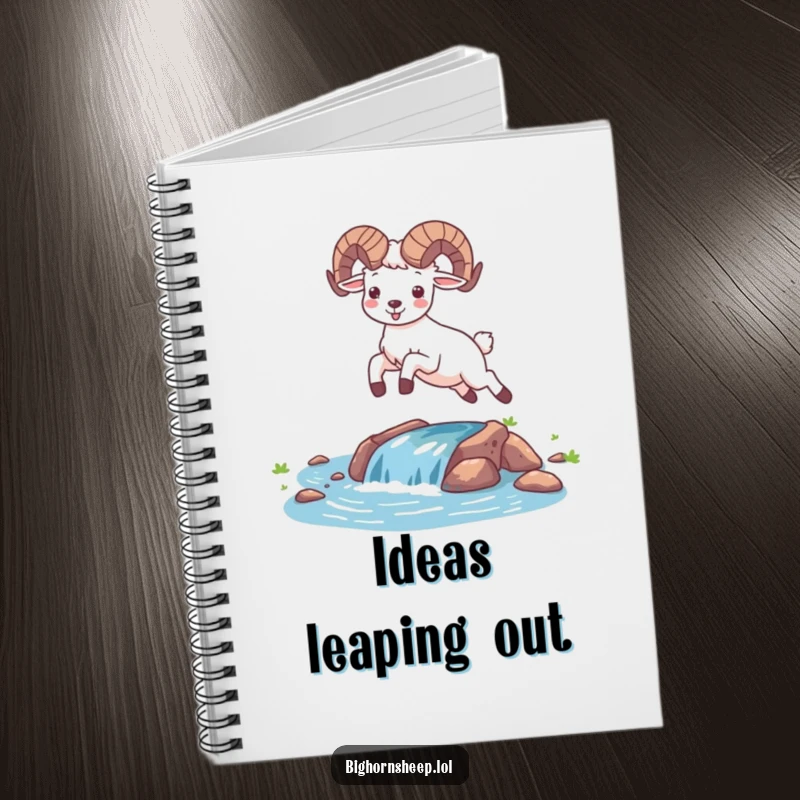 Funny happy bighorn sheep leaping over a stream on a notebook cover. Humorous desert animal stationery for journaling.