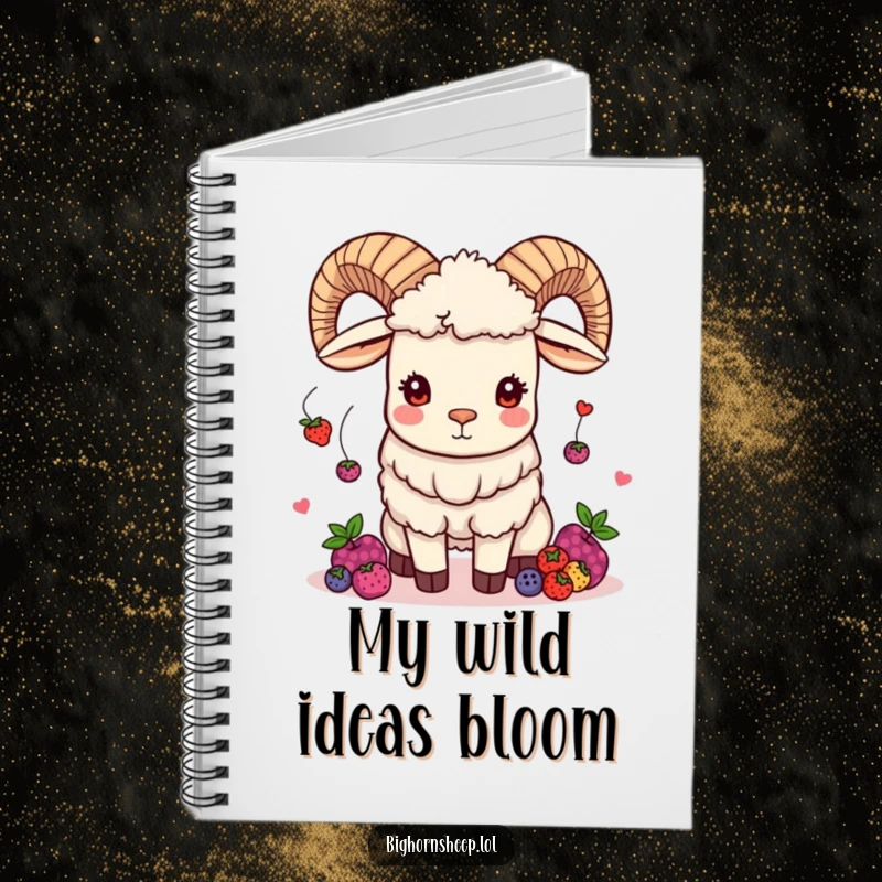 Funny bighorn sheep notebook depicting a mischievous sheep juggling berries, ideal for capturing playful and organized ideas.