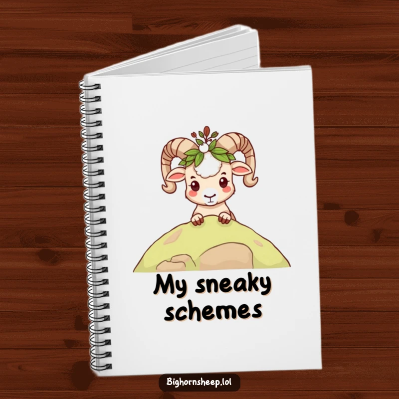 Funny mischievous bighorn sheep notebook, peeking with a leafy crown, perfect for jotting down sly ideas.