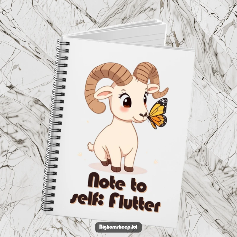 Funny bighorn sheep notebook, head tilted quizzically at a butterfly, ideal for journaling curious thoughts and creative ideas.