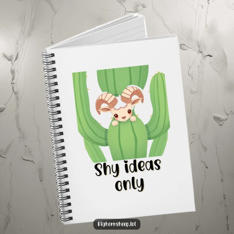 Funny shy bighorn sheep peeking from behind a cactus on a notebook cover. Humorous desert animal stationery.