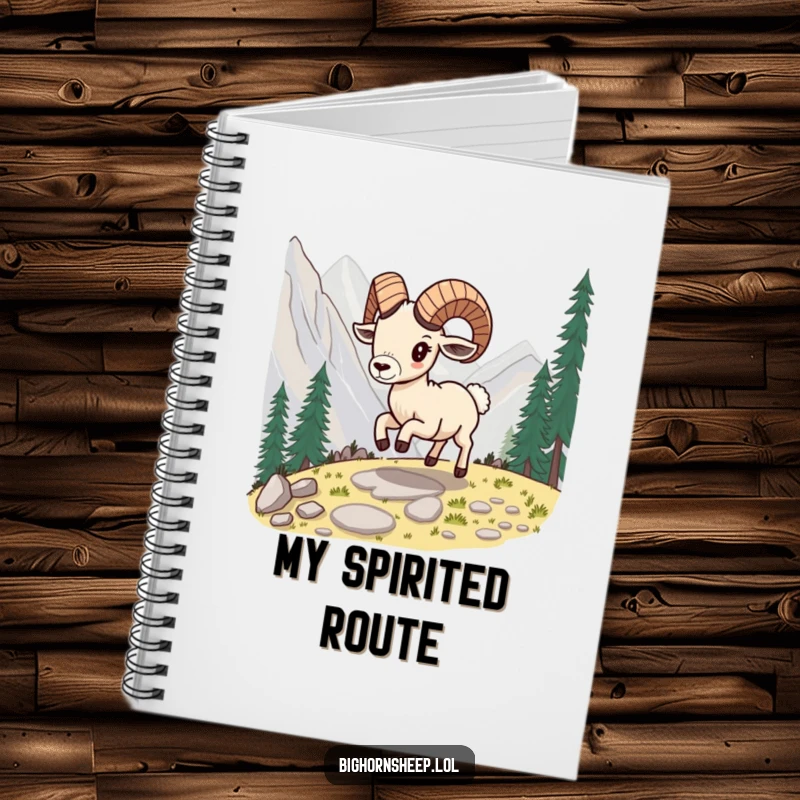 Funny bighorn sheep notebook, depicting the sheep playfully skipping along a mountain path, inspiring creativity.