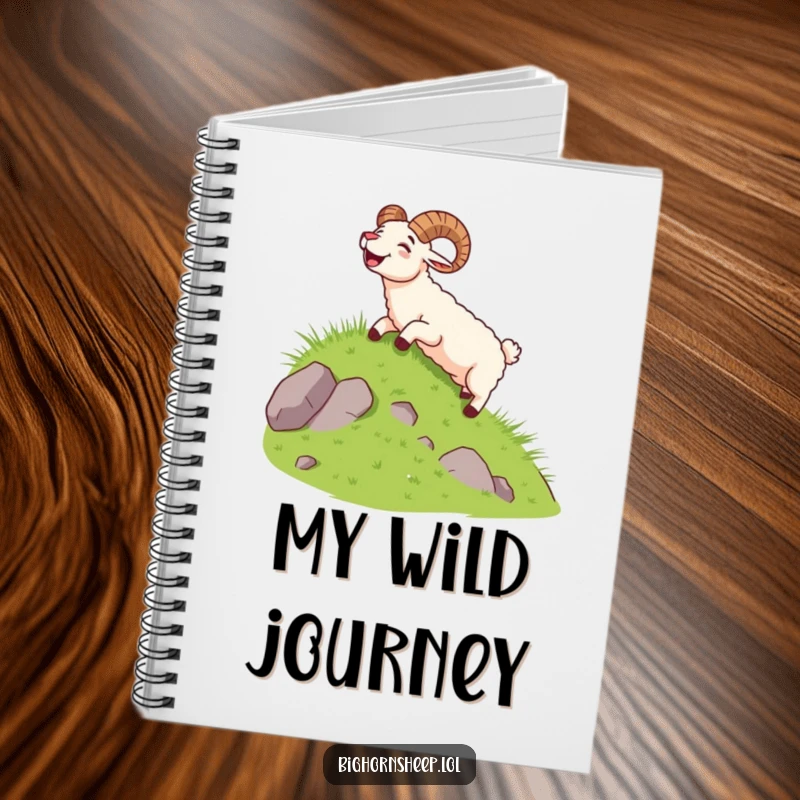 Funny bighorn sheep joyfully sliding down a grassy slope on a notebook cover, for documenting adventures.