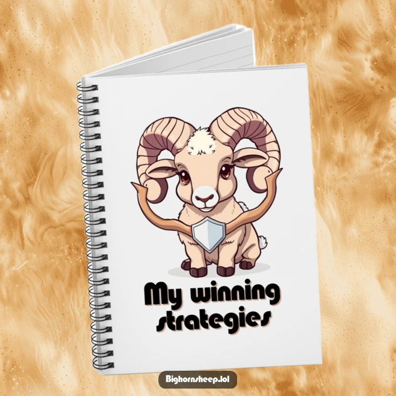 Funny bighorn sheep notebook depicting a proud sheep holding a shiny trophy, ideal for recording victorious and organized thoughts.