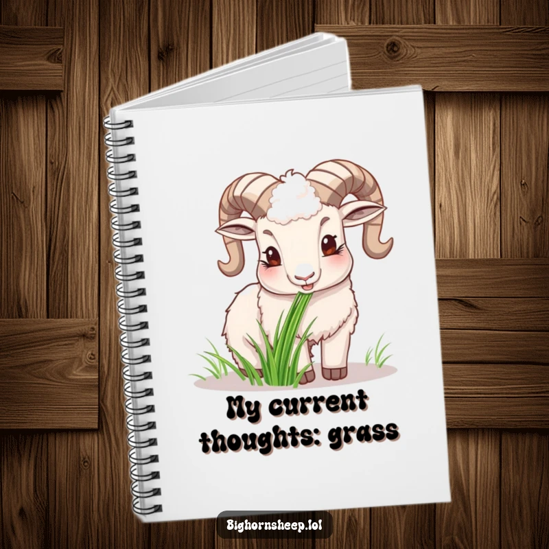 Funny happy bighorn sheep notebook, showing the sheep peacefully chewing grass, inspiring simple happiness.