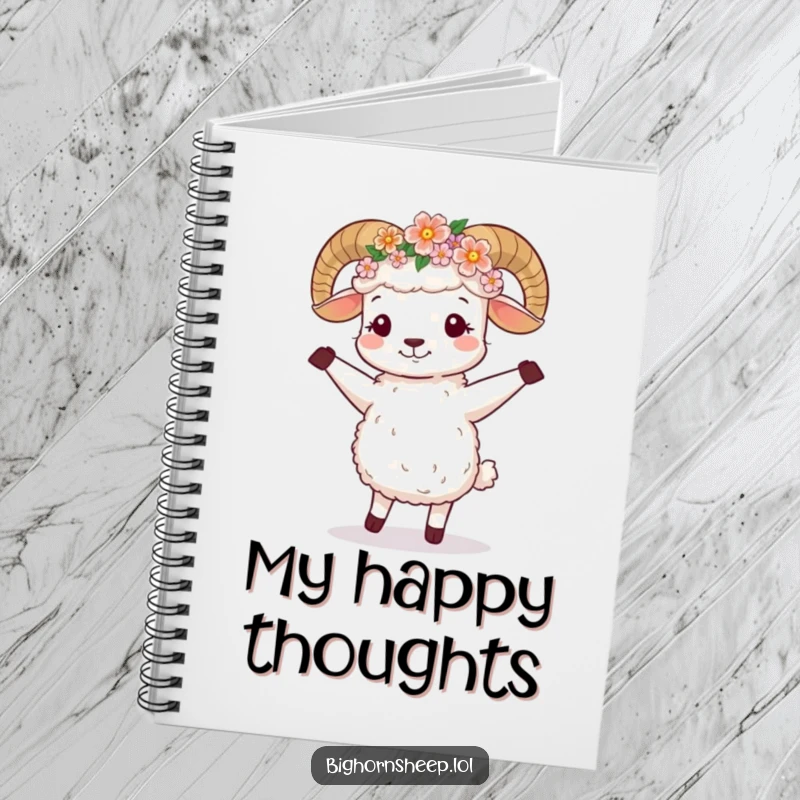 Funny Notebook: Features a cute bighorn sheep with a flower crown, happily dancing.
