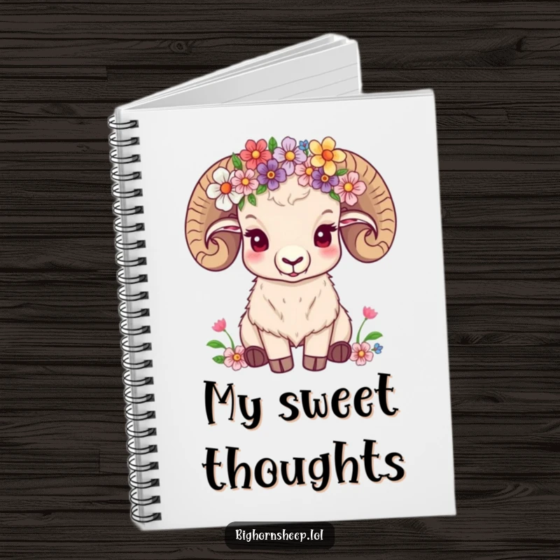 Funny bighorn sheep wearing a wildflower crown, looking content on a notebook cover, for peaceful writing.