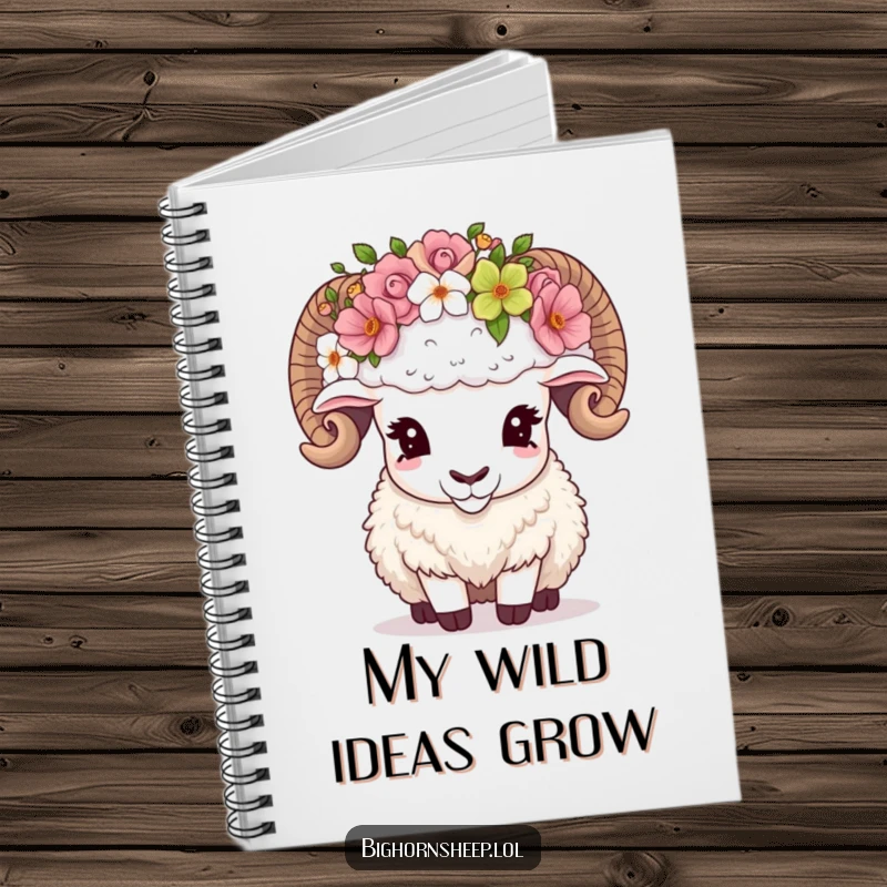 Funny Notebook cover with a bighorn sheep comically adjusting an oversized flower crown, perfect for documenting your most ambitious thoughts.