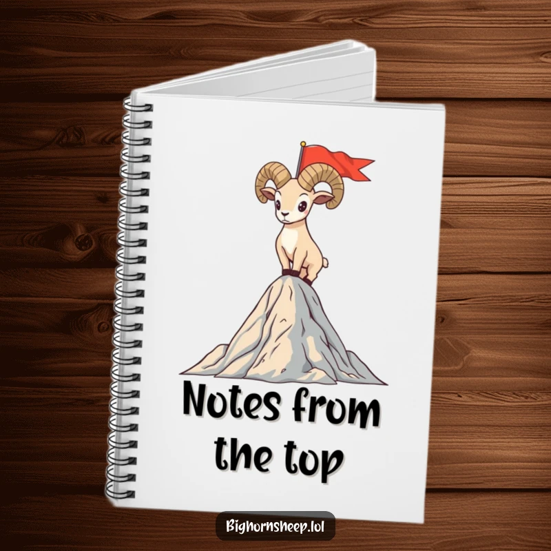 Funny notebook cover with a bighorn sheep standing proudly on a mountain peak with a flag, inspiring humorous achievement.