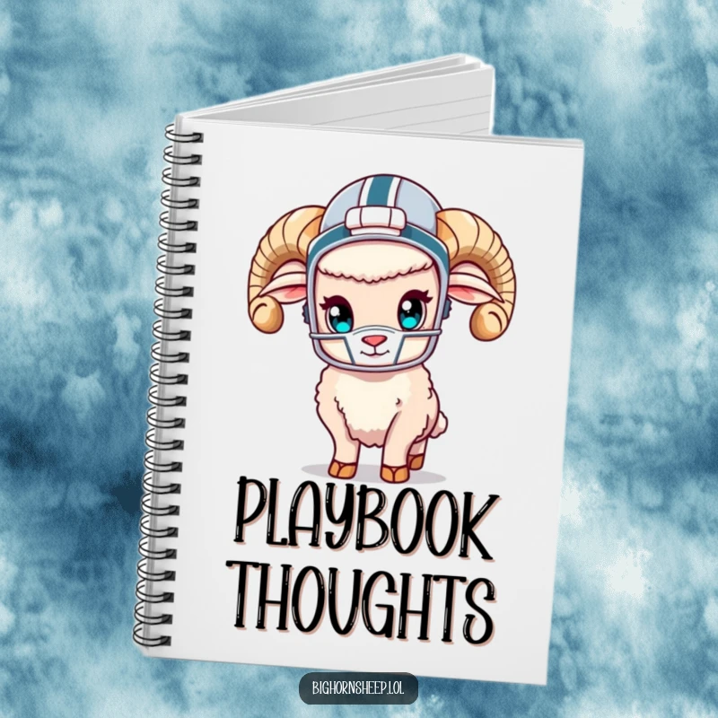 Funny bighorn sheep wearing a small football helmet, ready to tackle tasks, featured on a lined notebook.