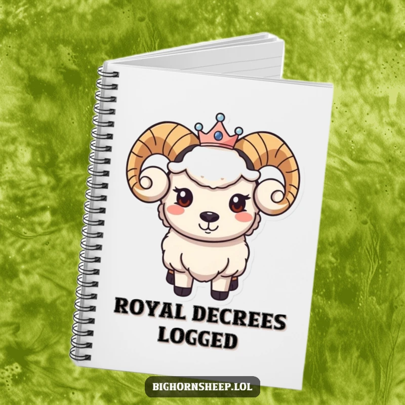 Funny notebook featuring a bighorn sheep character with a calm smile and a small crown, ideal for royal thoughts and ideas.