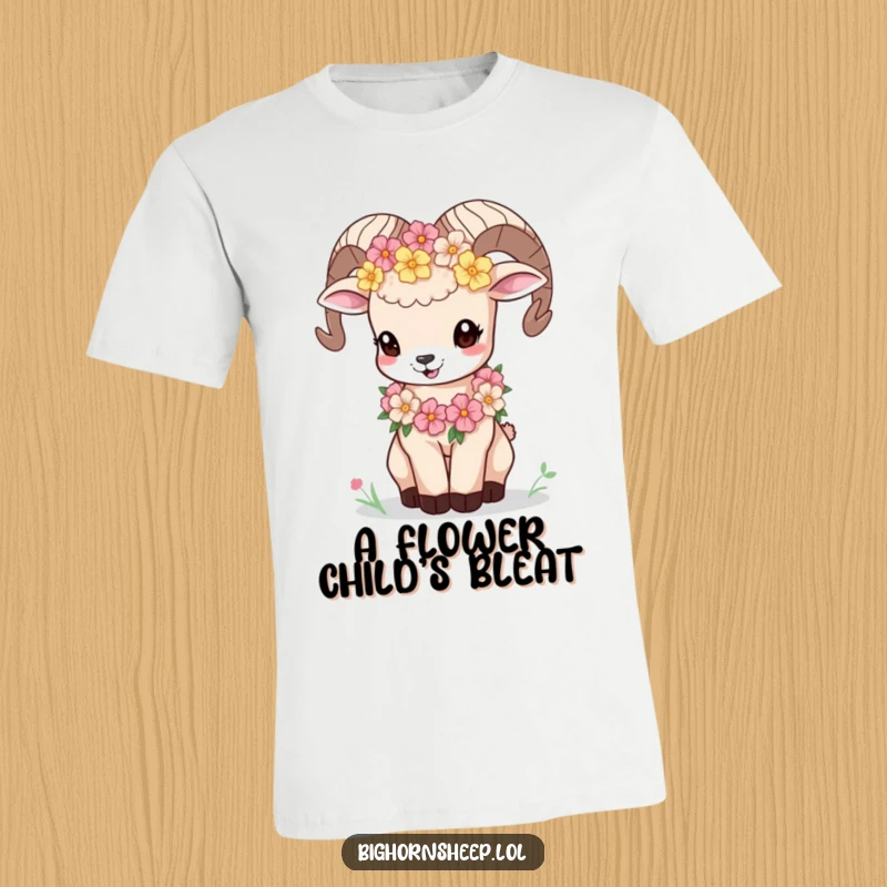 Funny bighorn sheep cub wearing a garland of colorful mountain flowers, captured mid-bleat on a t-shirt, radiating playful innocence.