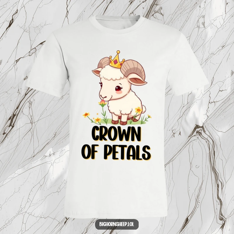 Funny Crowned Sheep T-Shirt: Curious sheep with a tiny crown sniffs a wildflower, showcasing a gentle spirit and love for nature.