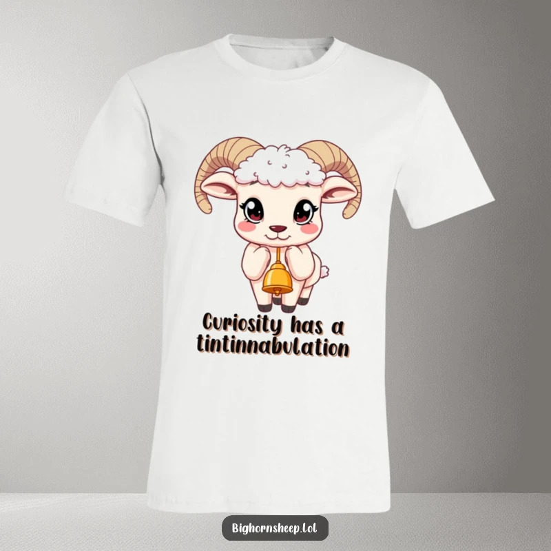 Funny T-shirt featuring a bighorn sheep with wide, curious eyes, its little hoof reaching out to touch a dangling bell.