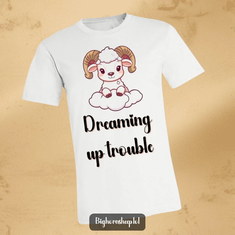 Funny T-shirt showcasing an adorable bighorn sheep peeking curiously from behind a massive, fluffy cloud, creating a whimsical scene.
