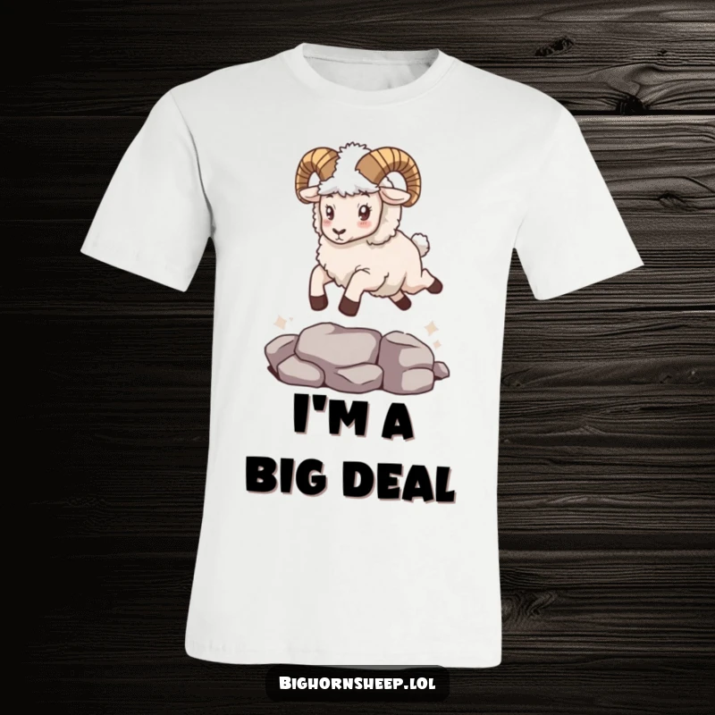 Funny bighorn sheep wearing a fuzzy cape, captured mid-leap over a tiny obstacle, embodying courage and humor.