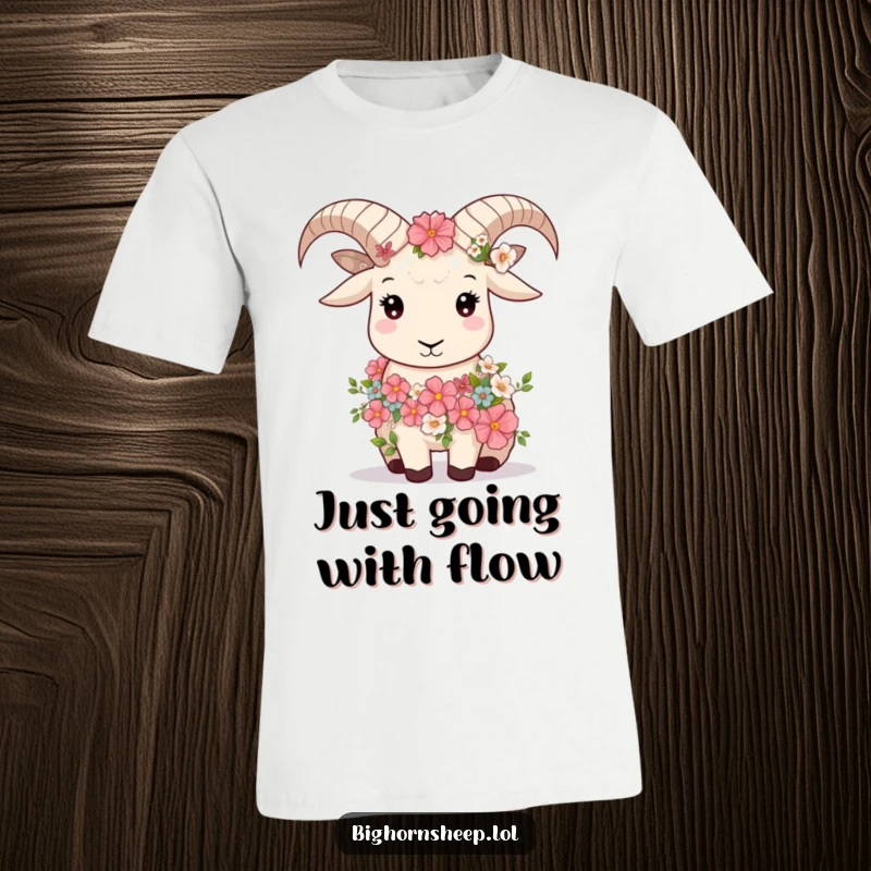 Funny bighorn sheep adorned with a flower garland, exuding a peaceful and serene aura on a t-shirt.