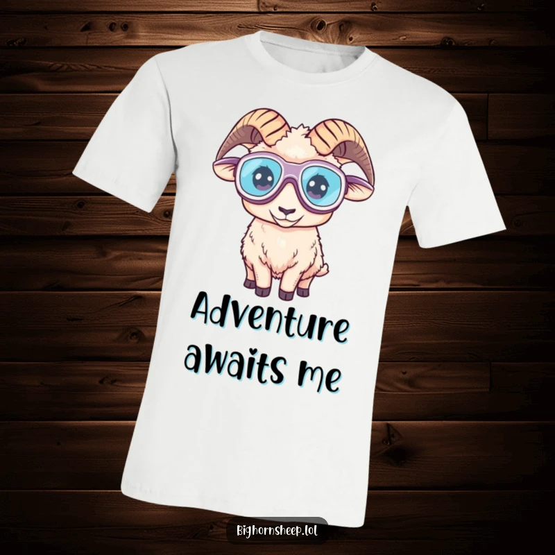 Funny t-shirt design of a bighorn sheep equipped with large, adventurous goggles, exuding a comical sense of daring.