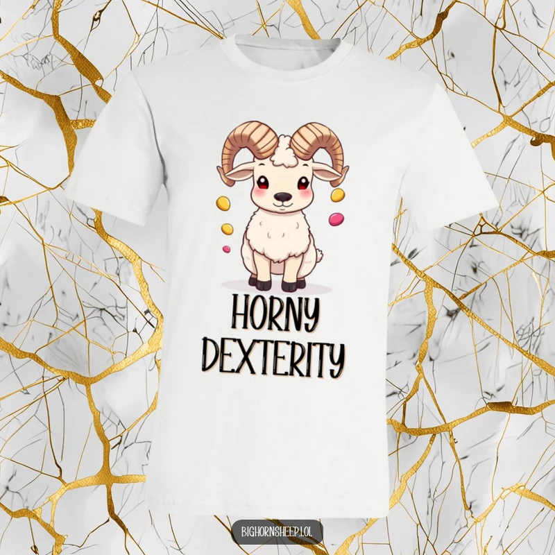 Funny bighorn sheep artistically juggling shiny pebbles with its horns, showcasing a unique and humorous talent.