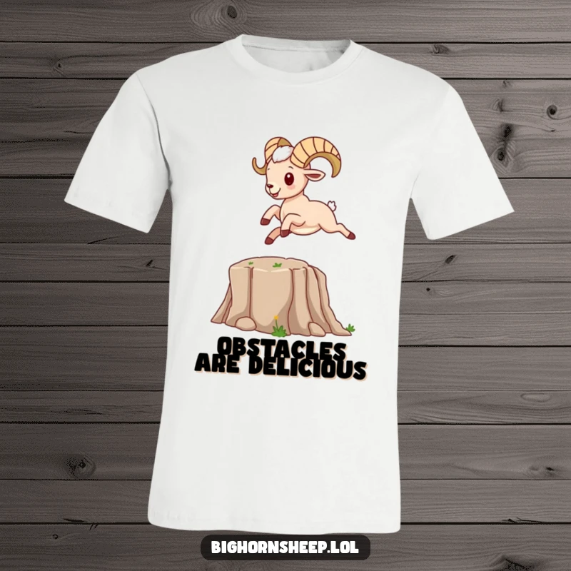 Funny bighorn sheep character mid-leap over a cartoon canyon, on an energetic t-shirt.