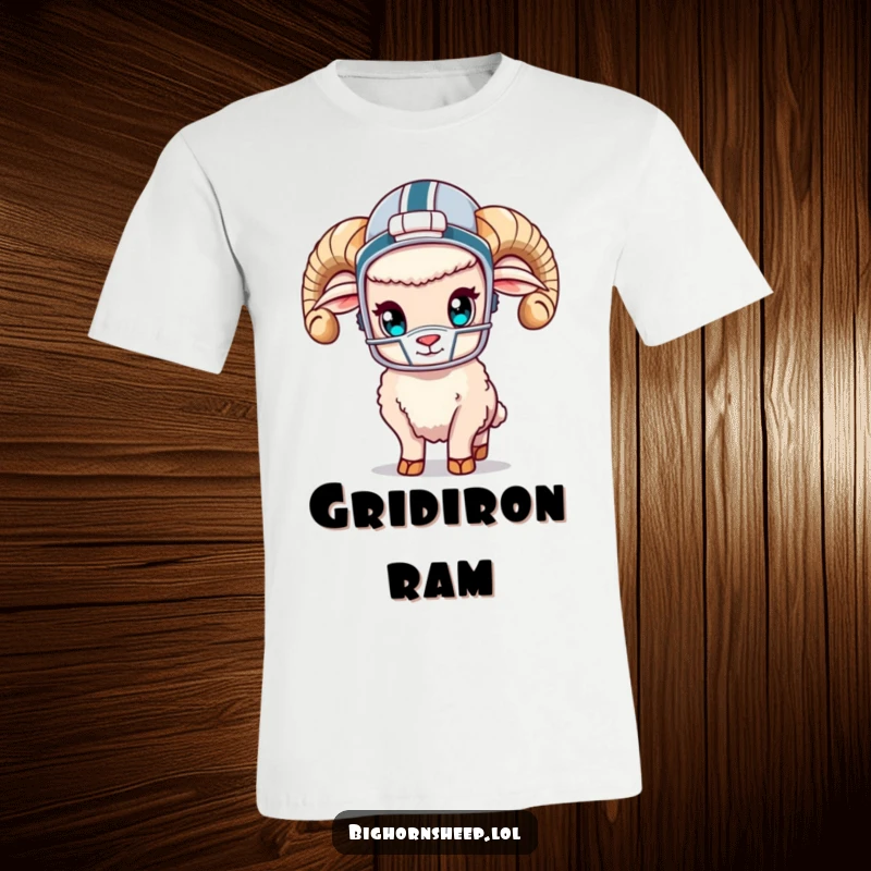Funny bighorn sheep in a tiny football helmet and pads, ready for the game, printed on a t-shirt.