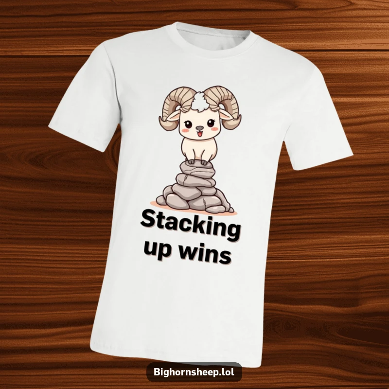 Funny, happy bighorn sheep character focused on balancing a precarious stack of small rocks on a t-shirt, representing mindful fun.