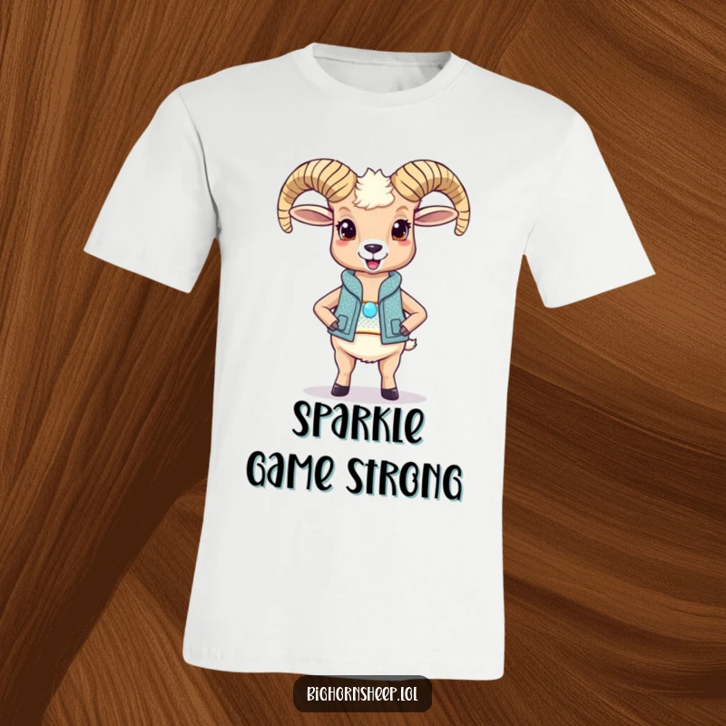 Funny bighorn sheep t-shirt, delighted and proud, wearing a sparkly vest, a hilarious fashion statement.