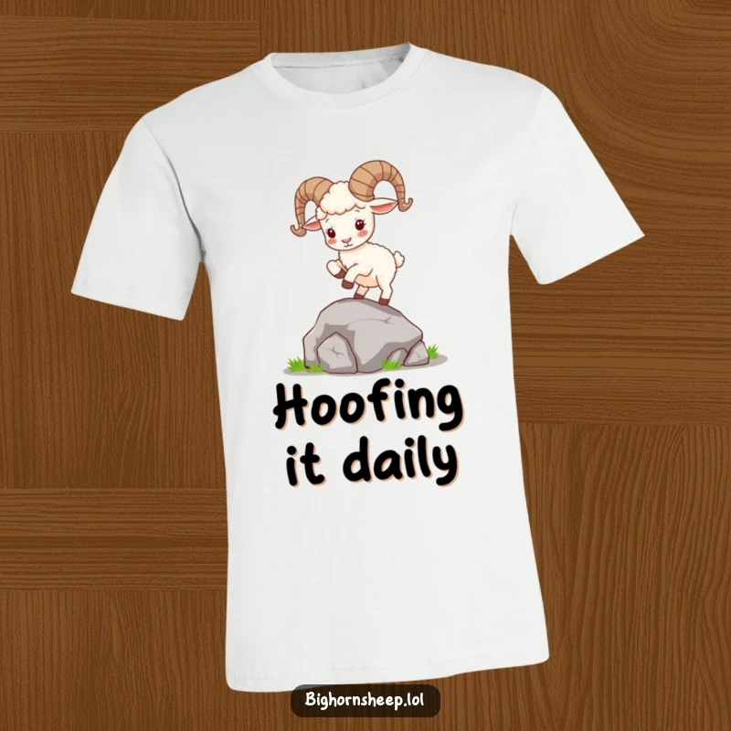 Funny Bighorn Sheep T-Shirt: Adorable sheep with curly horns playfully hops on a rock, illustrating wild spirit and cheerful adventure.