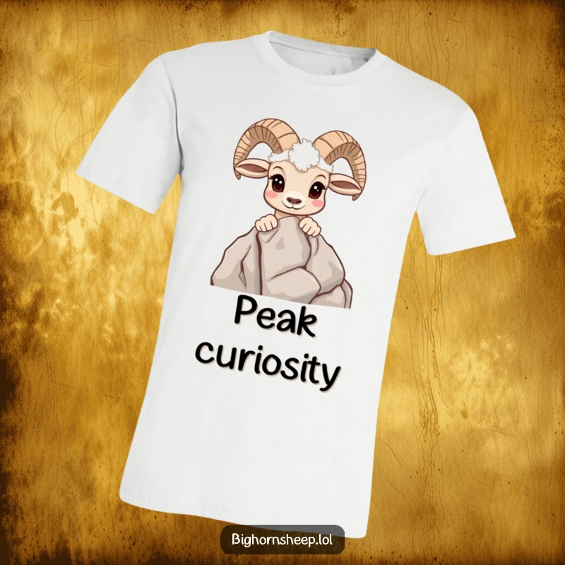 Funny t-shirt with a curious bighorn sheep peeking over a rocky mountain outcrop, looking interested.