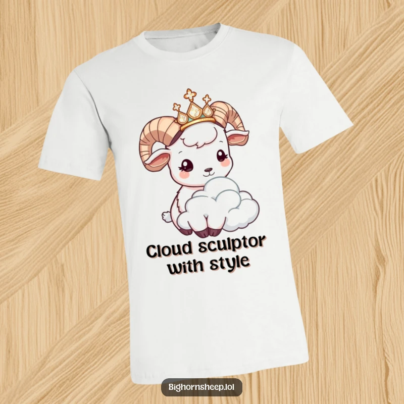 Funny bighorn sheep t-shirt, a regal sheep in a glittering tiara, playfully headbutting a cloud with a sense of fun.