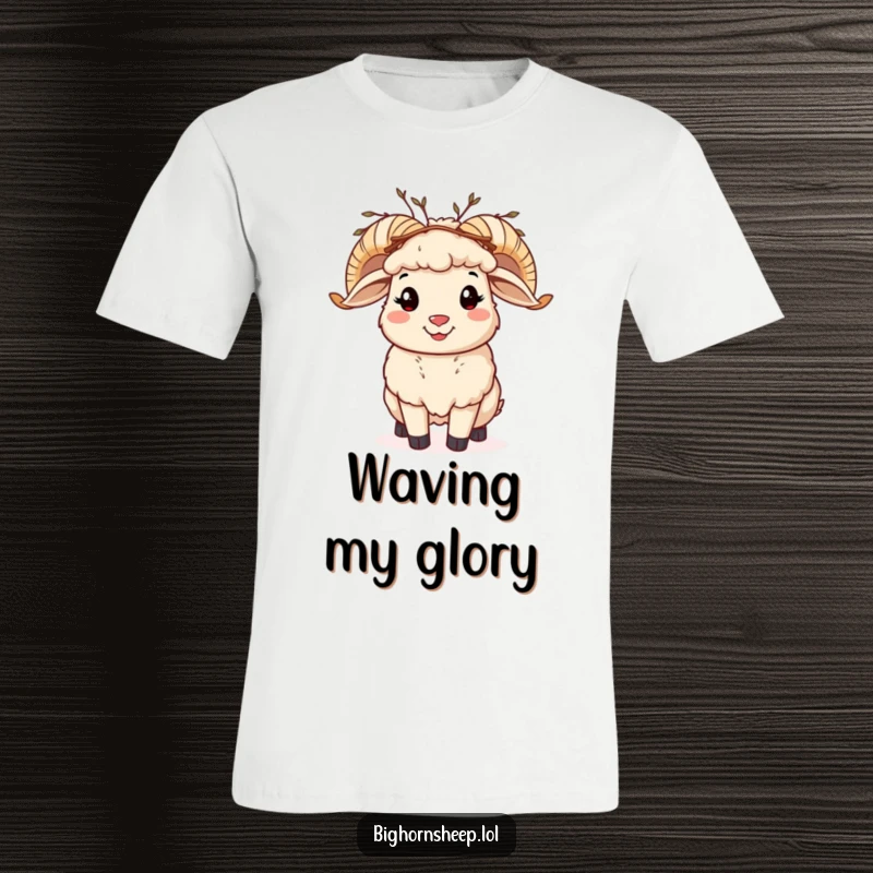 Funny bighorn sheep t-shirt, cheerful sheep wearing a twig crown, waving happily, perfect for outdoor lovers.