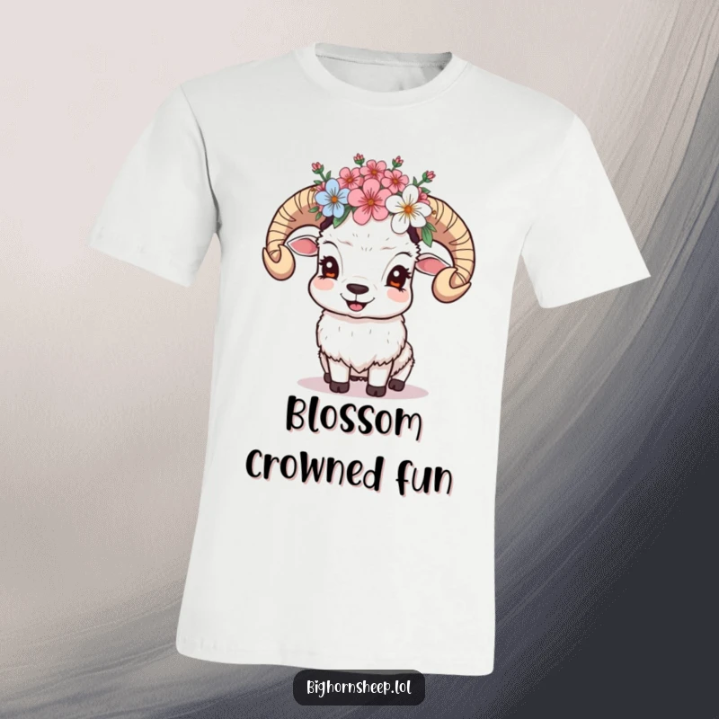 Funny Giggling Sheep T-Shirt: A sheep with a crown of alpine blossoms is giggling, showcasing pure happiness and floral charm.