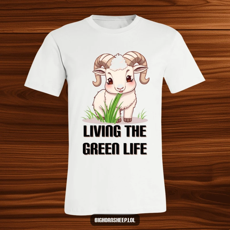 Funny happy bighorn sheep t-shirt, showing the sheep peacefully grazing on a patch of grass, radiating contentment.