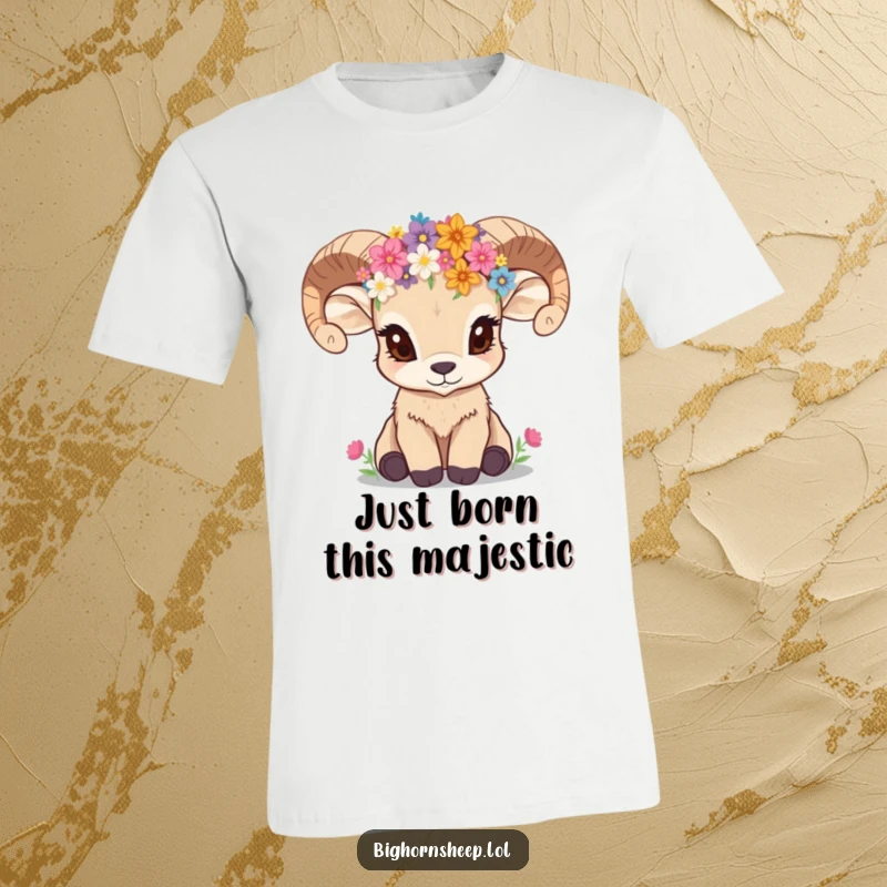Funny bighorn sheep cub wearing a wildflower crown and looking inquisitive, printed on a soft t-shirt.