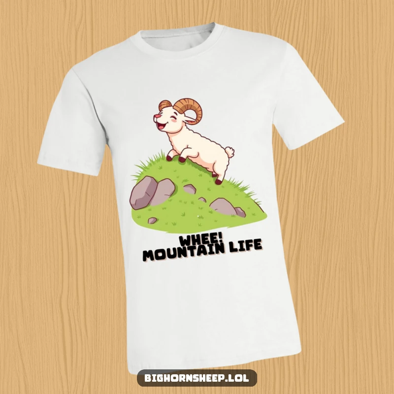 Funny bighorn sheep in mid-slide down a green hill, mouth open in a joyous yell, wearing a t-shirt.