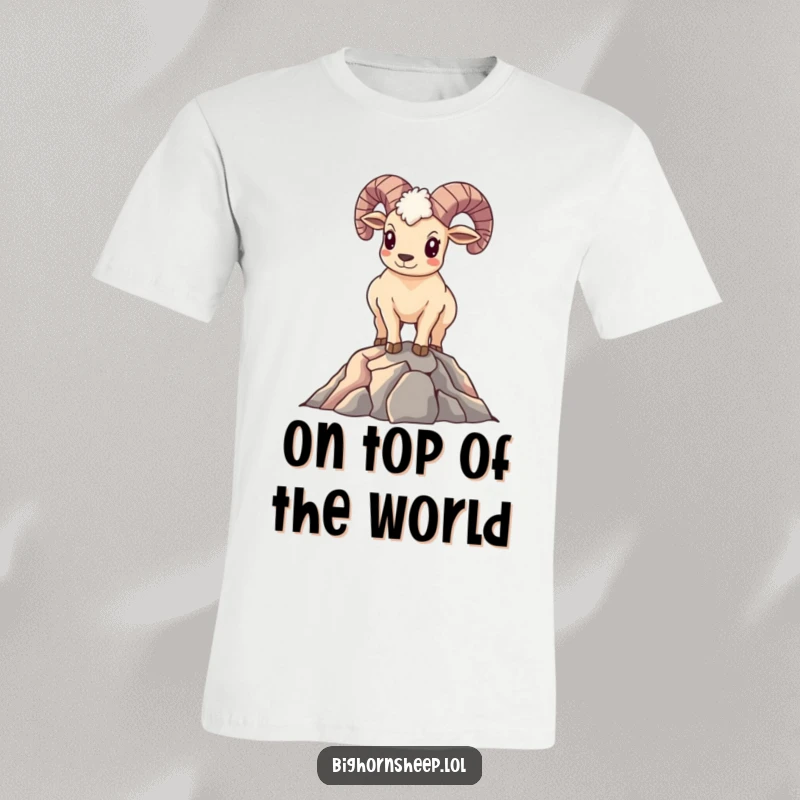Funny Bighorn Sheep T-Shirt: A proud, smiling sheep standing tall on a mountain summit, celebrating success and determination.
