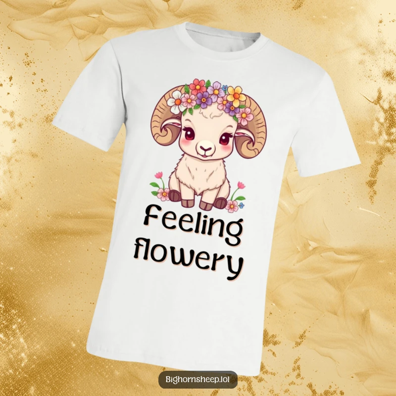 Funny bighorn sheep adorned with a crown of wildflowers, exuding contentment on a stylish t-shirt.
