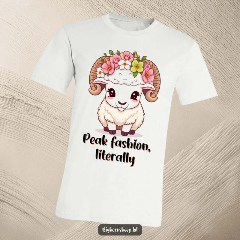 Funny Bighorn Sheep T-Shirt depicting a bighorn sheep awkwardly adjusting an oversized flower crown, conveying humorous effort.