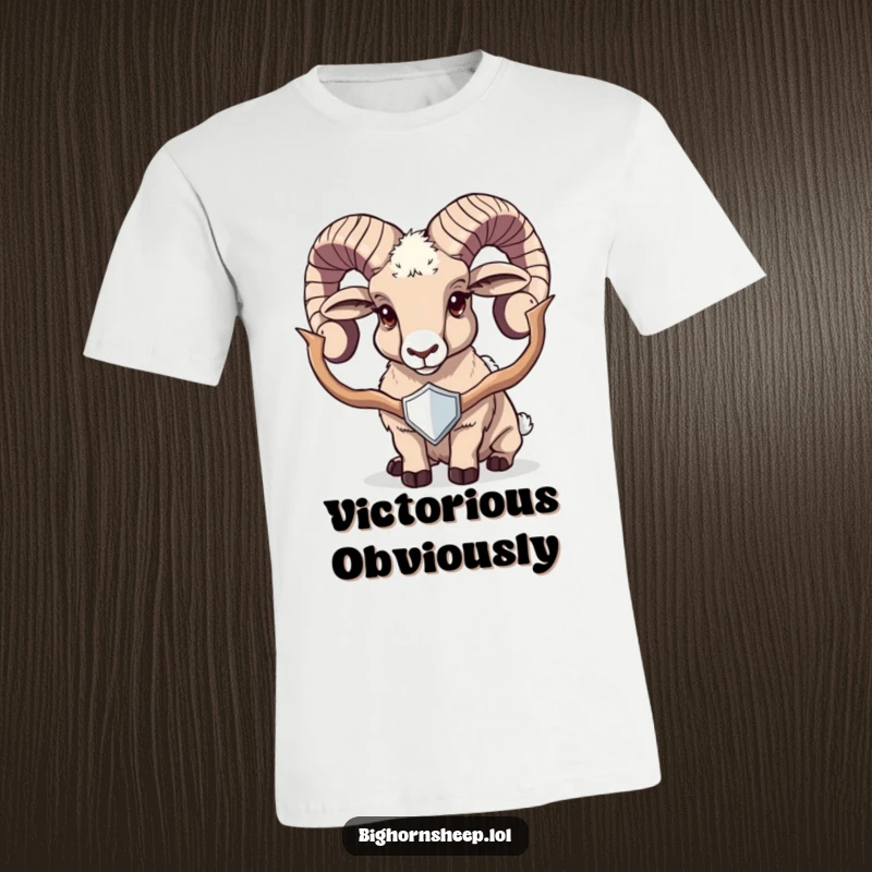 Funny bighorn sheep t-shirt displaying a proud sheep holding a shiny trophy, showcasing achievement and humorous celebration.