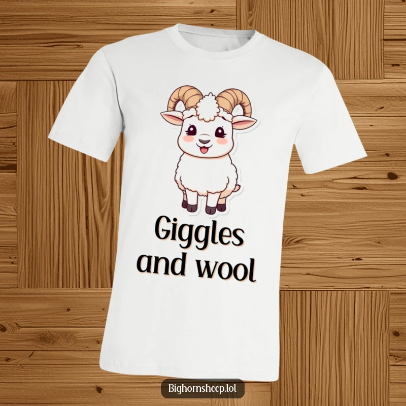 Funny T-shirt showcasing a cheerful bighorn sheep with a contagious giggle, sporting warm wooly ear muffs worn playfully askew.