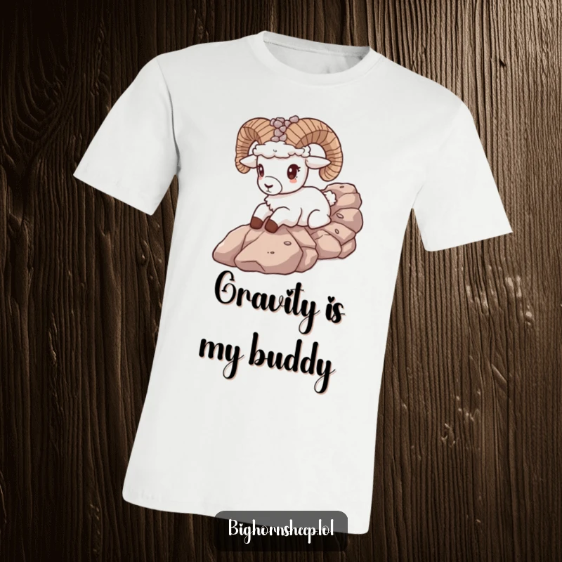 Funny bighorn sheep with pebble crown joyfully sliding down a steep rocky slope on a t-shirt, capturing exhilarating outdoor fun.