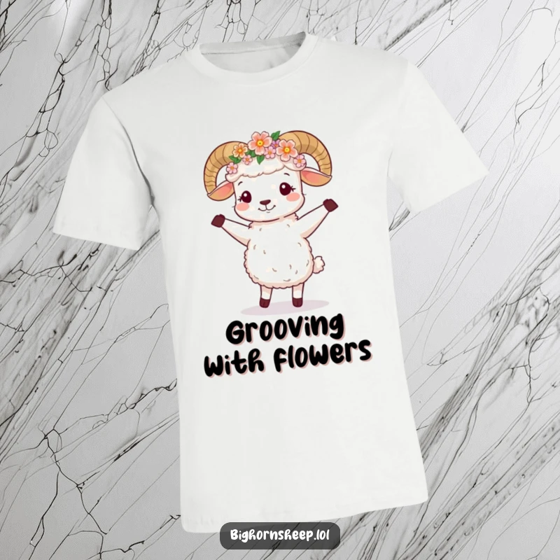 Funny T-Shirt: A cute bighorn sheep adorned with a flower crown, happily dancing.
