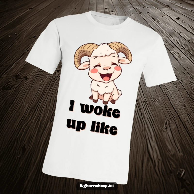 Funny t-shirt design of a bighorn sheep mid-yawn with a wide, contented smile, expressing hilarious relaxation.